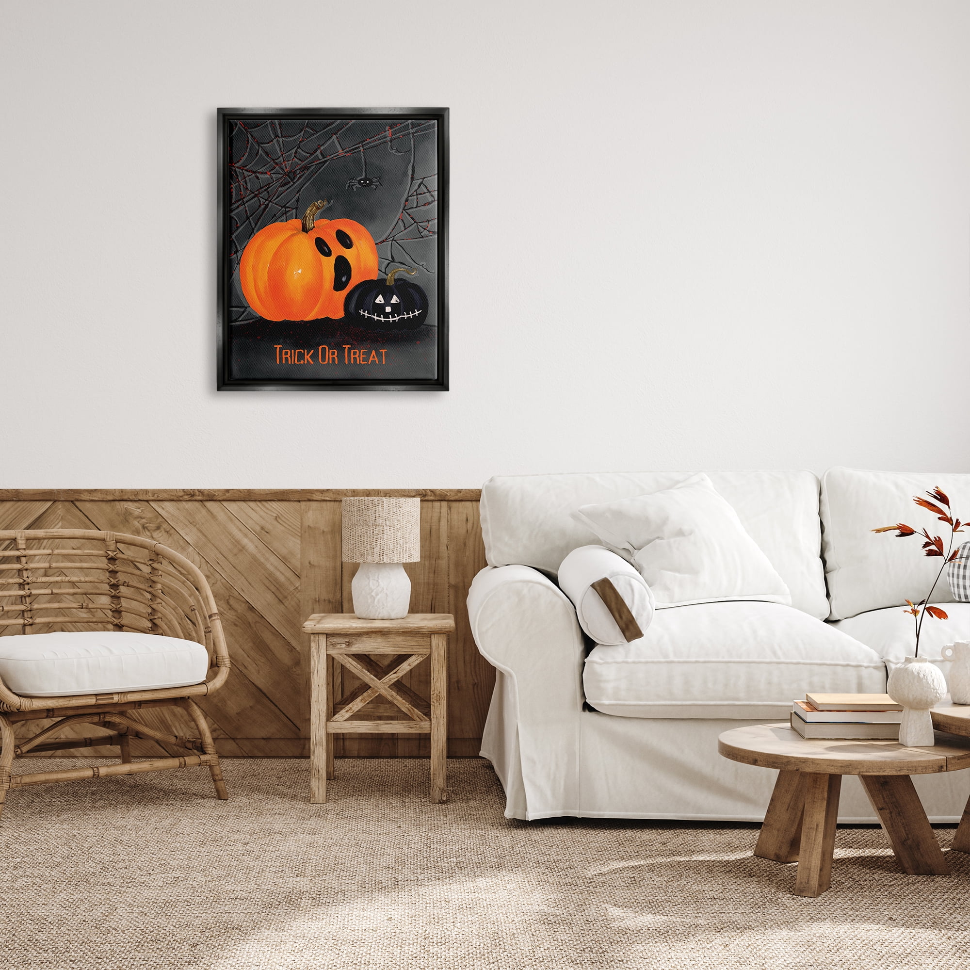 Stupell Industries Jack-o-Lantern Phrase Holiday Painting Black Floater Framed Art Print Wall Art, 25 x 31