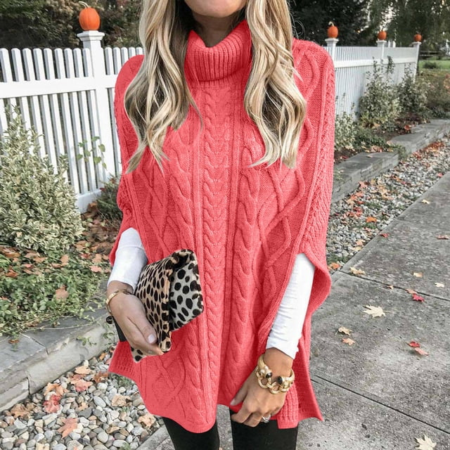 Frostluinai Turtleneck Ponchos Sweater for Women Solid Color Cable Knit Sweater Capes Loose Fit Fall Ponchos Sweaters Fashion Sweaters Pullover