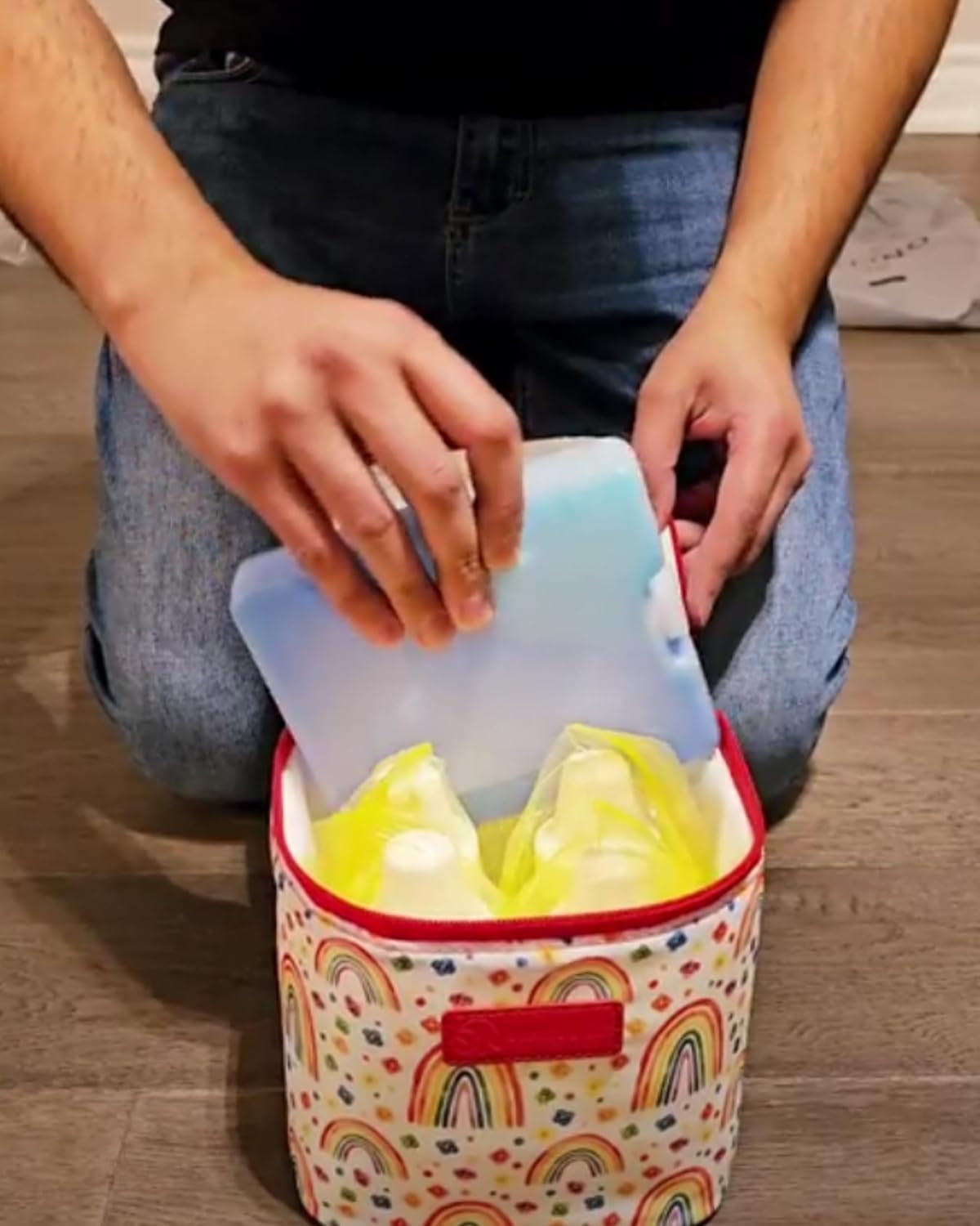 Sarah Wells Cold Gold Breast Milk Cooler Bag with Ice Pack, Insulated Storage for Bottles & Pump Parts, Washable (Rainbows)