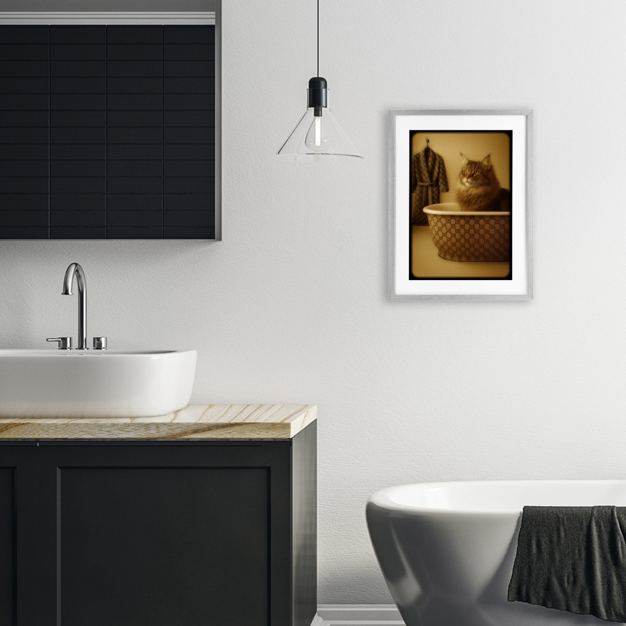 Stupell Industries Couture Main Coon in Luxury Tub Gray Framed Print Under Glass, design by Grotto Studios