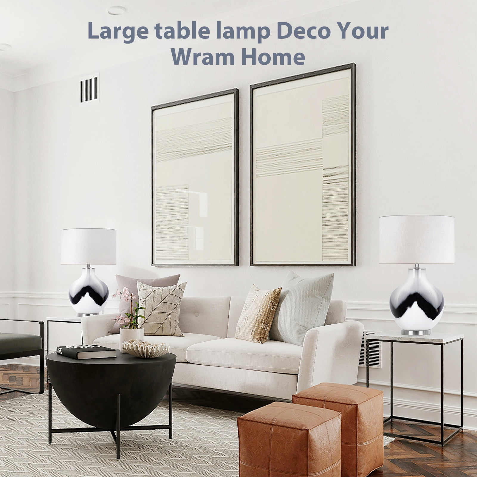 Glass Large Table Lamps for Bedroom, 3 Color Temperature Rotary Switch Bedside Lamps, Modern Nightstand Lamps for Home Lighting Decoration, 1 Pack Black