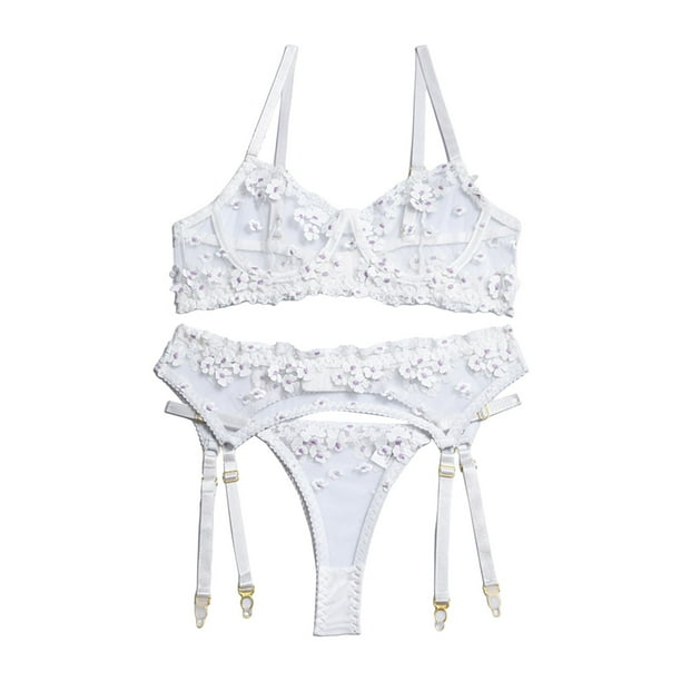 Gibobby Conjunto Lencería Tanga Y Bralette Conjunto de lencería sexy para mujer con liguero, brasier de encaje y bragas conjunto de tirantes exóticos(Blanco, M)