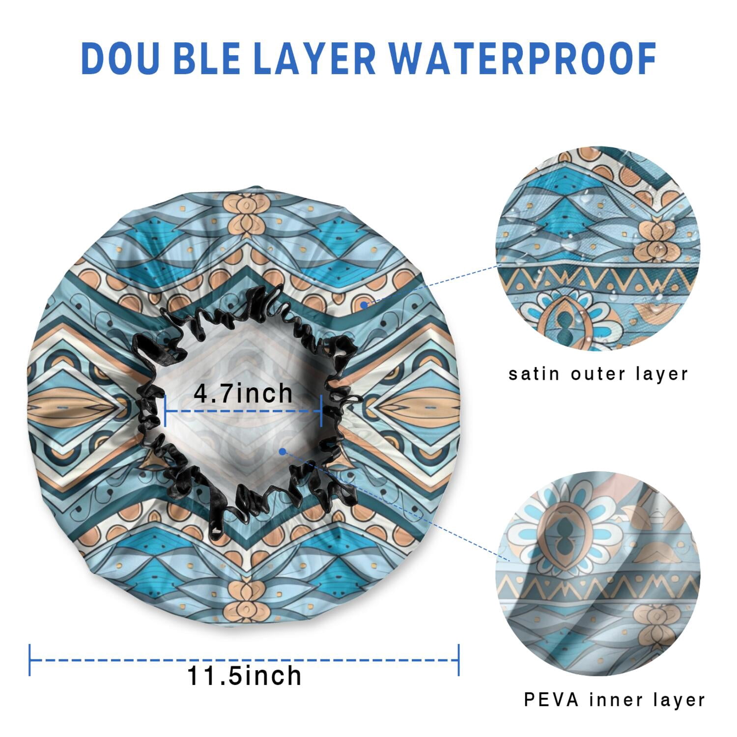 Shower Caps,Blue and Orange Floral Boho Pattern Waterproof Shower Cap for Women 4 Pieces,Double Reusable Hair Cover for Shower PEVA Elastic Stretch Hem