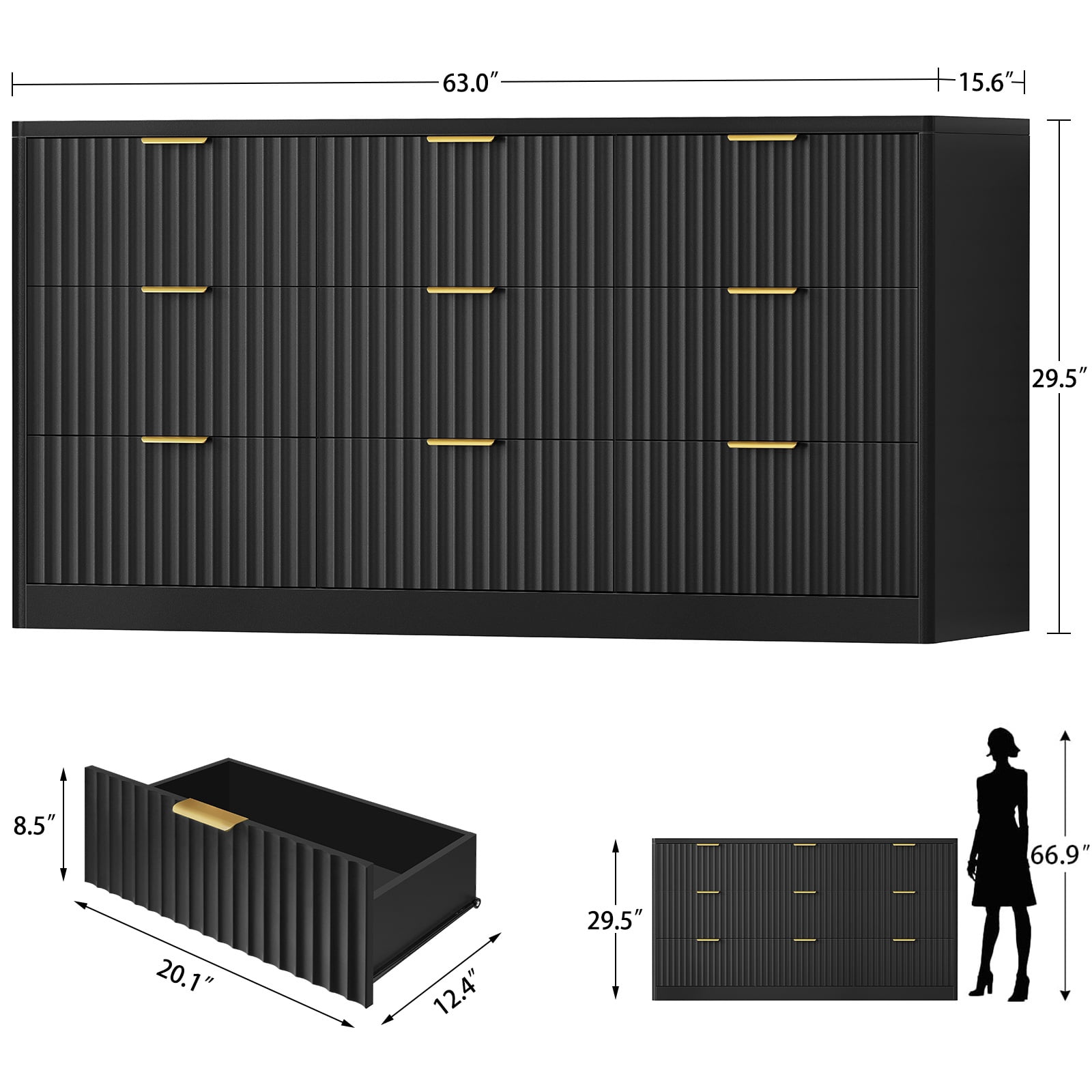 TEENFON Fluted Dresser with 9 Drawers, 63" Wide Modern Chest of Drawers with Metal Handle, Wood Closet Clothes Storage Organizer for Living Room, Hallway, Black