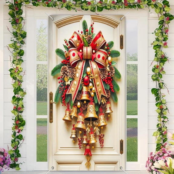 Christmas Bell Door Cover 71x35 Inch Holiday Banner for Front Door Outdoor Indoor Decorations with Red Gold Bow Hanging Bells Pinecones Berries Ornaments Garland