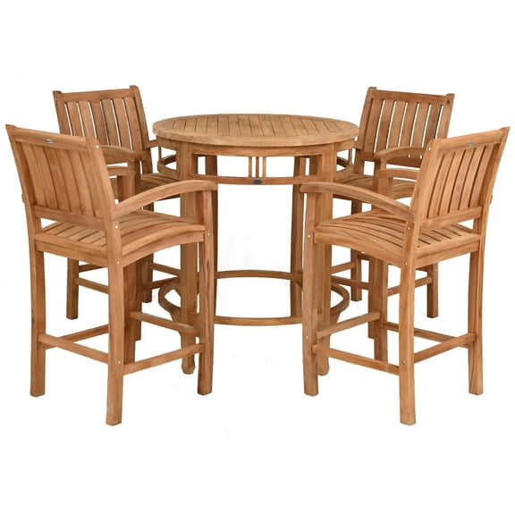 5 Piece Teak Wood Bistro Outdoor Patio Bar Set Including 38" Round Orleans Bar Table and 4 Abacho Barstools with Arms