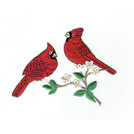 Two Male Cardinals - Tree Branch - White Flower Blossums - Birds - Iron On Embroidered Applique (Best Way To Trim Tree Branches)
