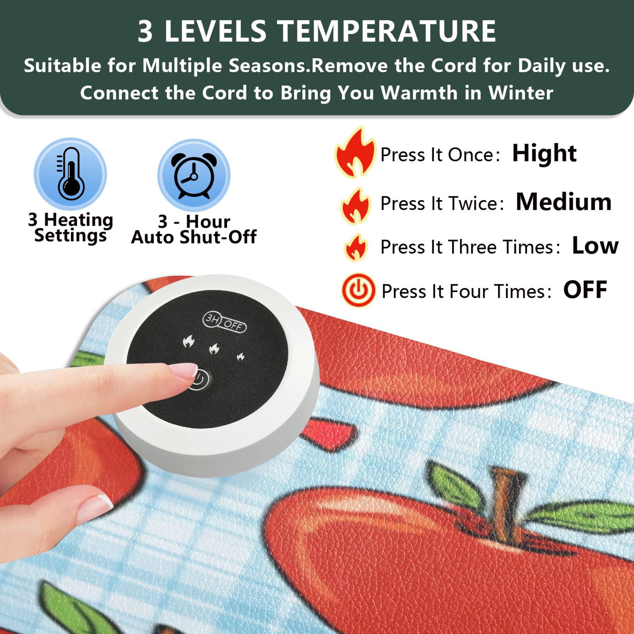Large Heated Desk Mat Mouse Pad 31.5"x13"PU Leather Graphene Heating Desk Warmer with 3 Temperature Settings 110V US Plug Non-Slip Warm Pad for Home, Office, and Gaming Red Apple Gingham Print