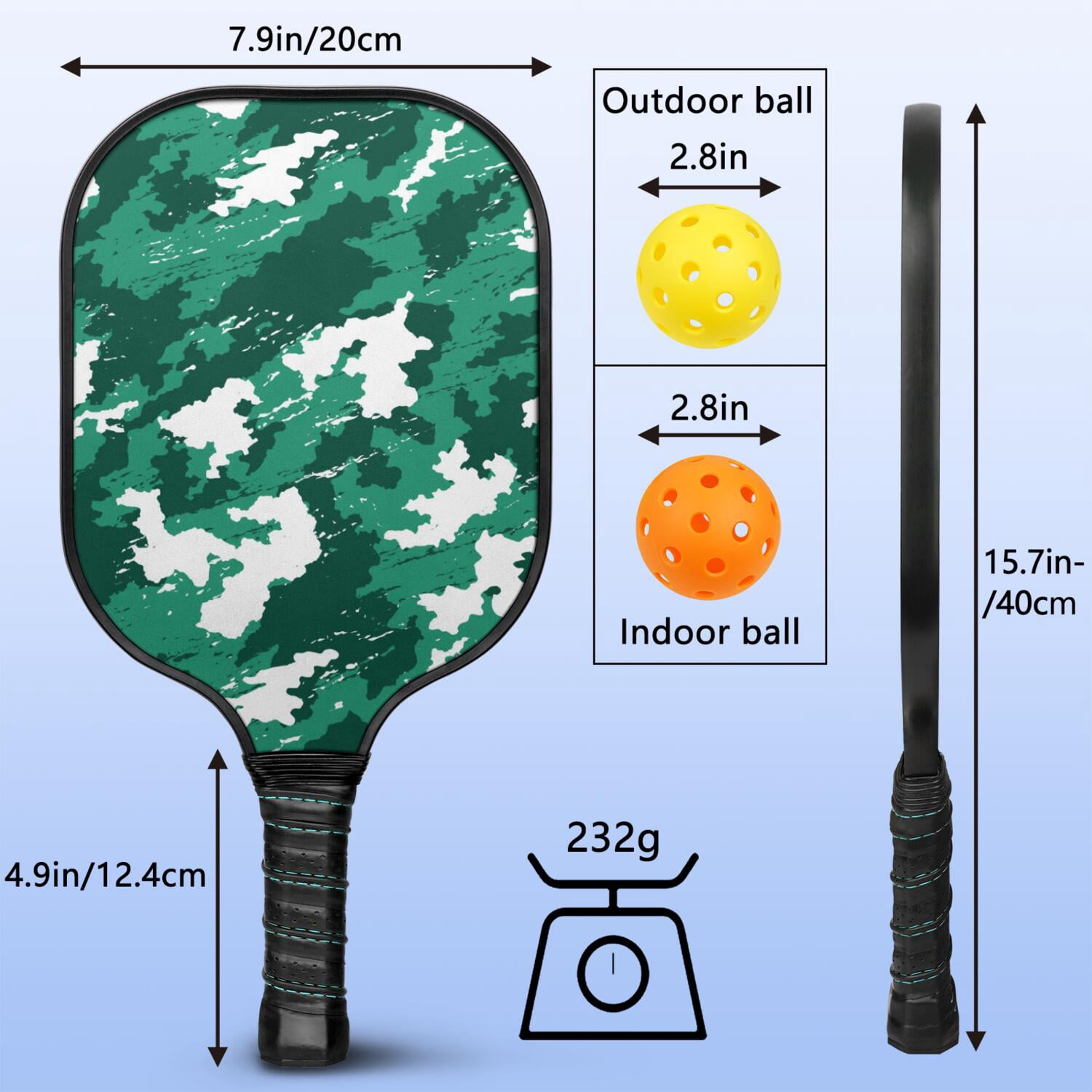 Pickleball Paddles Set Of 1, Fiberglass Surface, Camouflage Print, 1 Paddle, 2 Balls & Bag