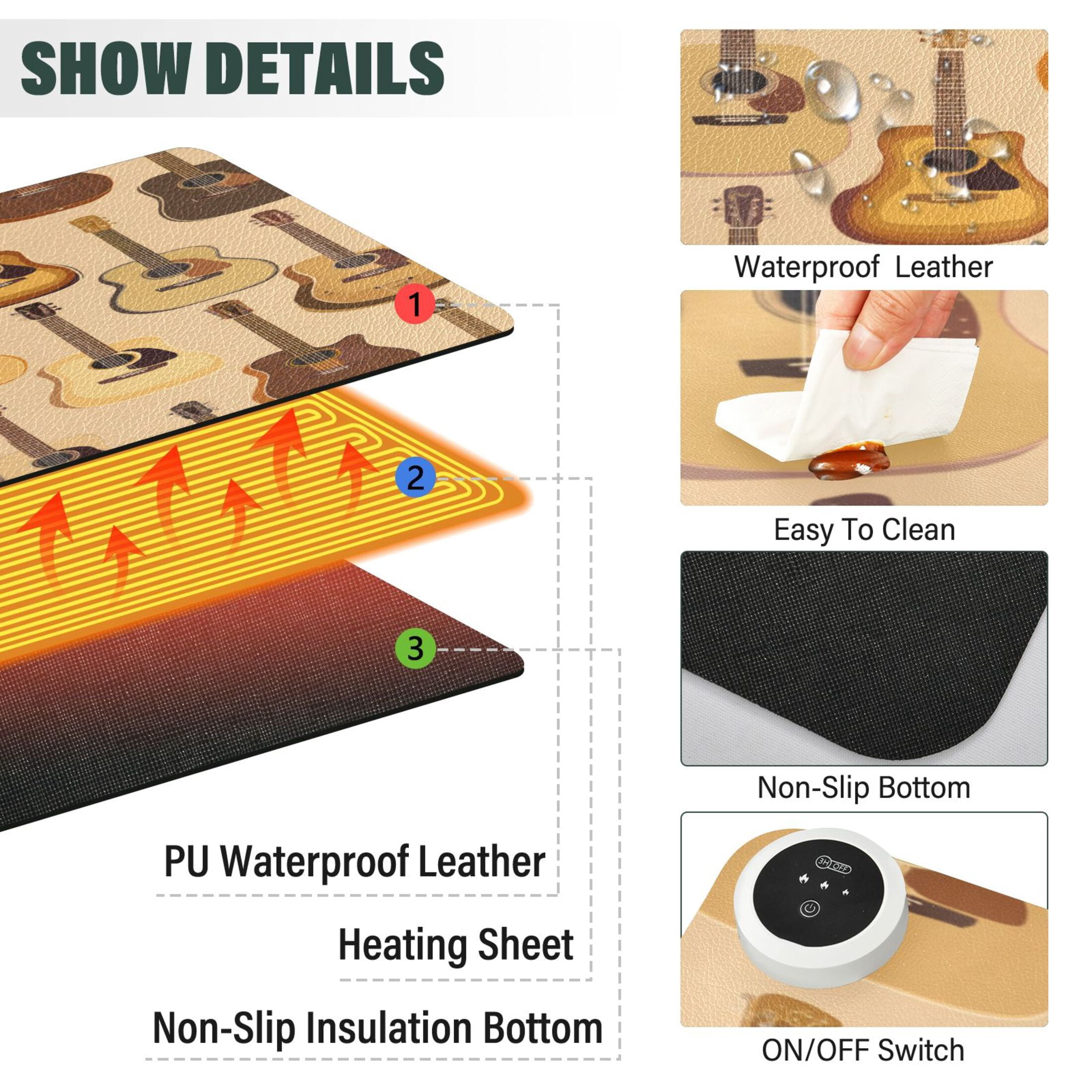 Large Heated Desk Mat Mouse Pad 31.5"x13"PU Leather Graphene Heating Desk Warmer with 3 Temperature Settings 110V US Plug Non-Slip Warm Pad for Home, Office, and Gaming Warm Acoustic Guitar Pattern