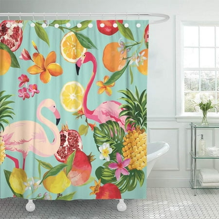 Orange Tropical Fruit - KSADK Tropical Fruits and Flamingo Pattern in Pomegranate Lemon Orange Flowers Leaves Shower Curtain 66x72 inch