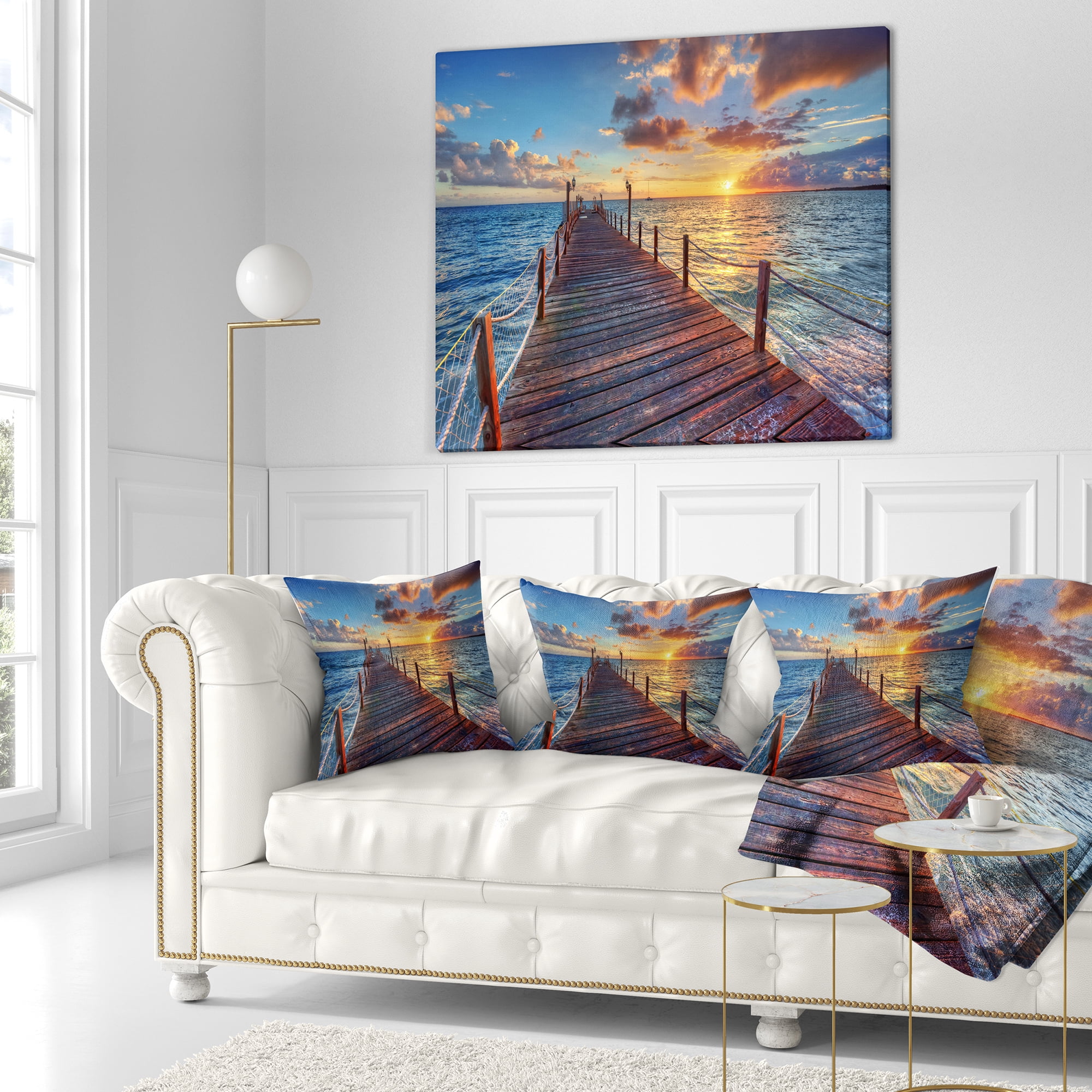 Designart Beautiful Sunset over Sea Pier - Modern Throw Pillow - 18x18