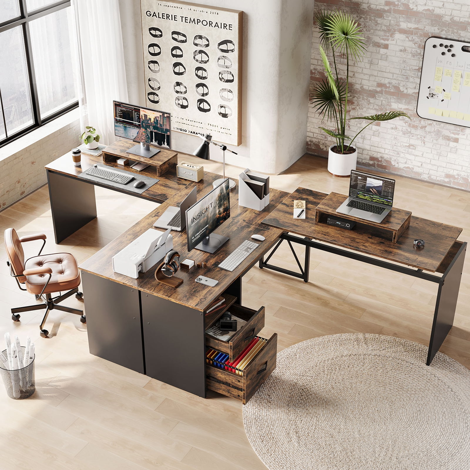 Bestier 55 inch L-Shaped Lift Top Desk with Storage, Sit to Stand Computer Desk with Monitor Stand & File Drawer in Rustic Brown