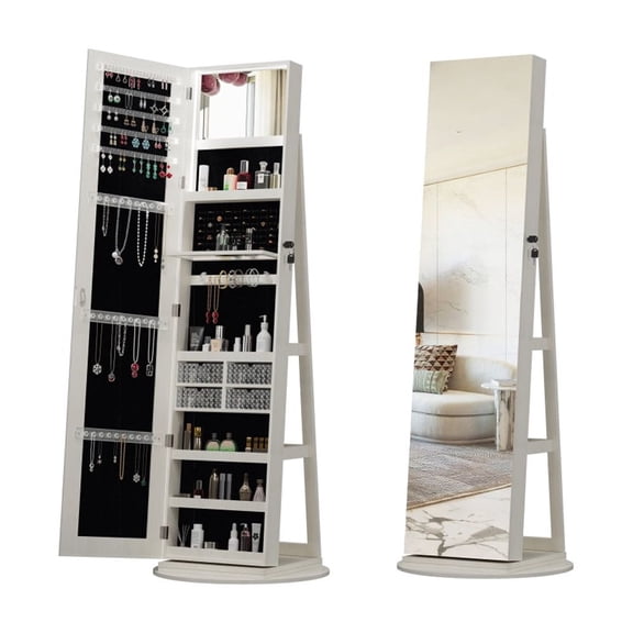 360°Swivel Jewelry Cabinet with Full Length Mirror, 360°Rotating Standing Jewelry Armoire Organizer, Lockable Storage Cabinet, Interior Lighted Mirror