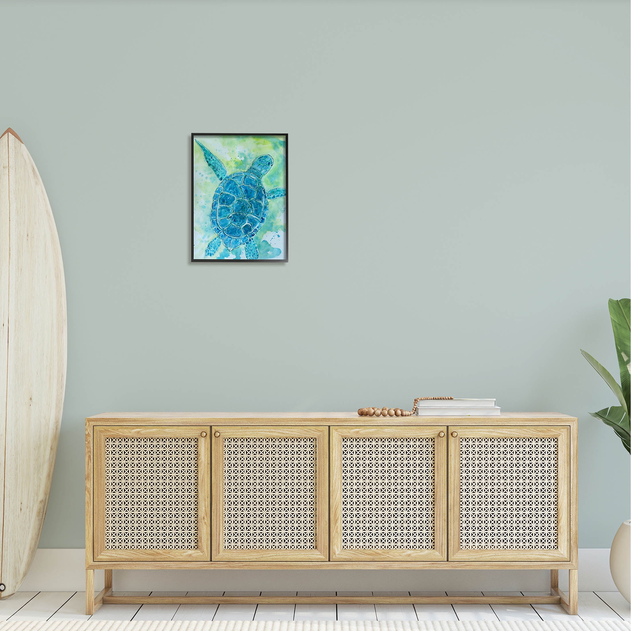 Blue Sea Turtle Aquatic Bubbles Animals & Insects Painting Black Framed Art Print Wall Art