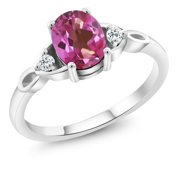 Gem Stone King 925 Sterling Silver Pink Mystic Topaz and White Topaz 3-Stone Rings for Women (1.38 Cttw, Gemstone, Oval 8X6MM, Available in Size 5, 6, 7, 8, 9)
