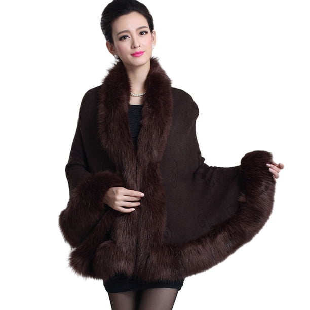 Minnieouse M Poncho De Cárdigan Cálido De Invierno De Piel Sintética Para Mujer Abraza El Frío Con Estilo Poncho Con Adornos De Piel Prendas para la parte del cuerpo café