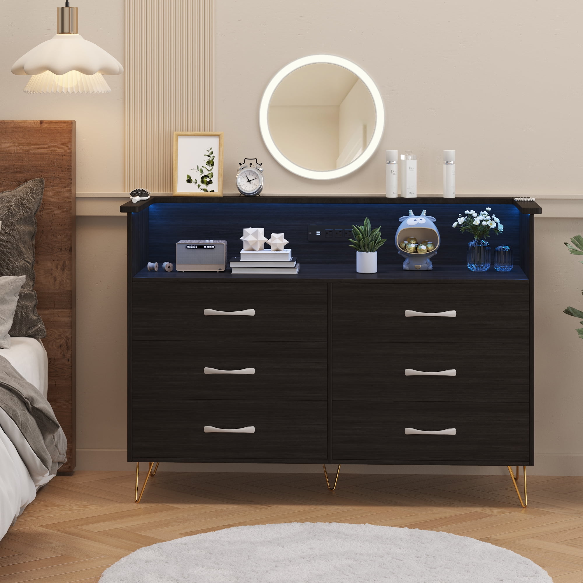 Homhougo Dresser for Bedroom 6 Drawer Black with LED Light & Charging Station, Wooden Dressers and Chests of Drawers with 2-Tier Open Shelves, Wide Dresser Organizer for Living Room Hallway Entryway