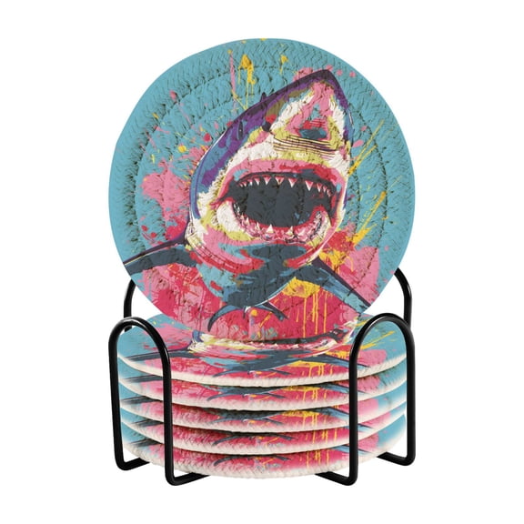 Shark with Paint Coasters with Holder for Coffee Table 6 Pcs Drink Coaster Sets Absorbent for Home Decor 4 inch