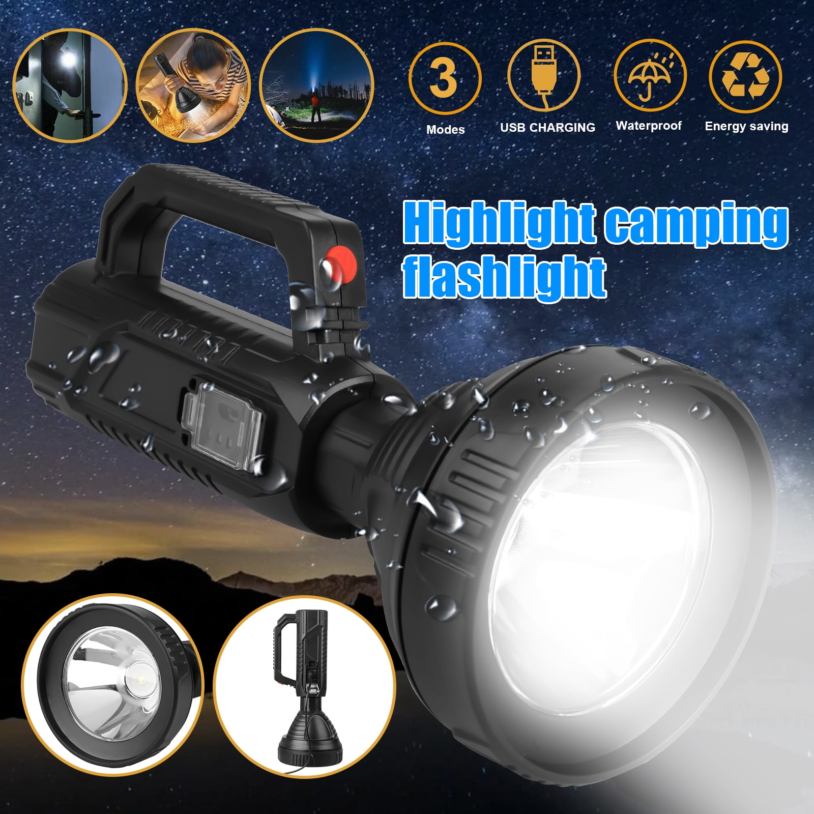 LED Handheld Spotlight USB Rechargeable Hunting Flashlight Torch Searchlight 