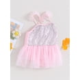 thumbnail image 4 of Infant Baby Girls Summer Romper Dress, Sleeveless Shiny Sequins Tulle Patchwork Bodysuit, 4 of 9