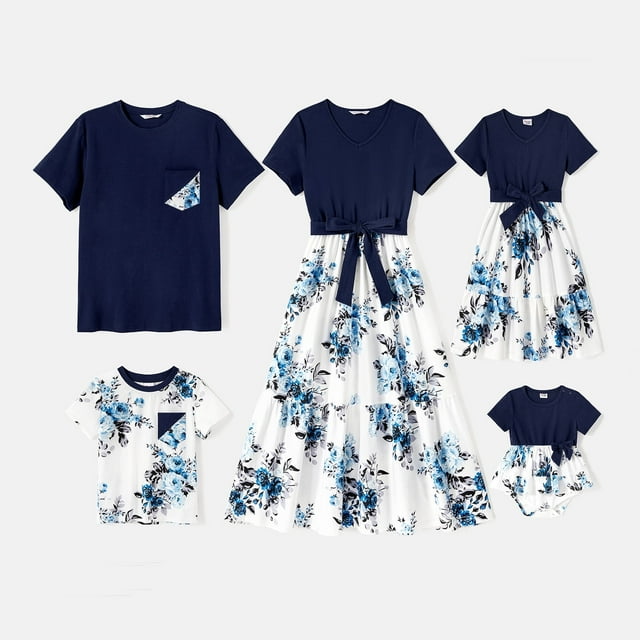 PatPat Robe pour Femmes Assortie pour la Famille 95 % Coton à Manches Courtes à Imprimé Floral Robes à Empiècements pour Femmes, Bleu Foncé