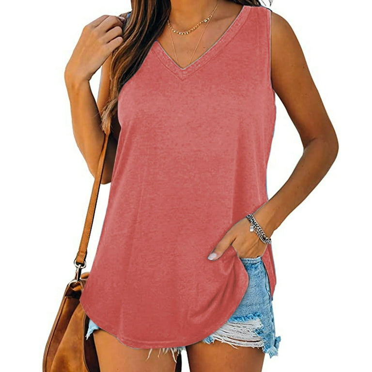 V Neck Girl In Sleeveless T Shirt DEUUZHENQI Womens Tank V-Neck Basic Casual Flowy Summer Sleeveless T-Shirt, Women's V-Neck Vest Solid Color Casual Loose T-Shirt Top, Size: Small,