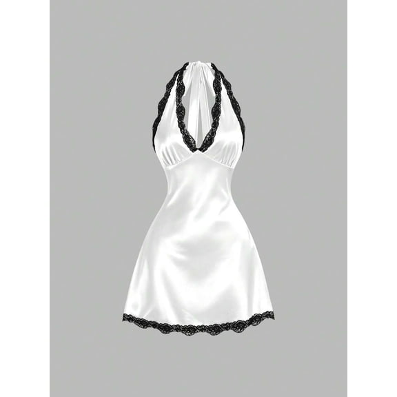 White Womens Halter Neck Lace Trim Satin A-Line Mini Dress Fitted