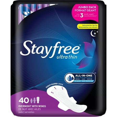 Stayfree Ultra Thin Overnight Pads With Wings, 40 Ct, Multi-Fluid Absorption, Protection For Up To 10 Hours
