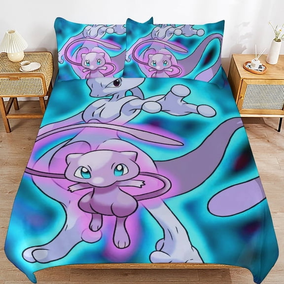 Mewtwo Duvet Cover Bedding Set Cartoon Print Soft Quilt Cover 3 Pieces, 1 Comforter Cover & 2 Pillowcases for Kids Teens Boys Girls Room Decor 86"x70"