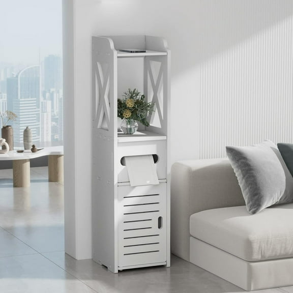 HOARBOEG White Bathroom Storage Cabinet with Door & Shelf, Freestanding Floor Organizer for Narrow Spaces, Kitchen, Living Room, 31.4x5.9x5.9 in