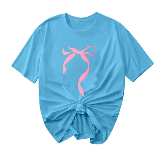 Primavera Top Mujeres Moda Casual Nueva Cinta de Arco Impresa Cuello Redondo Camiseta de Manga Corta, Camiseta de Cuello Tripulado
