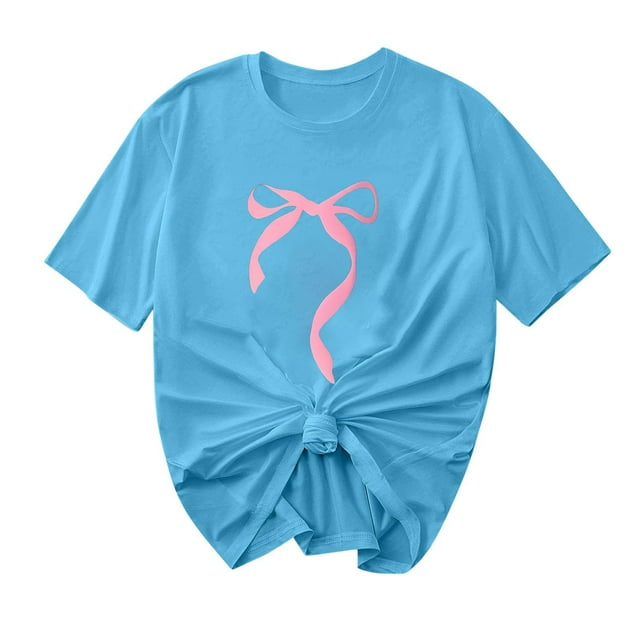 Primavera Top Mujeres Moda Casual Nueva Cinta de Arco Impresa Cuello Redondo Camiseta de Manga Corta, Camiseta de Cuello Tripulado