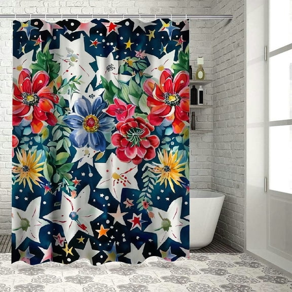 Shiartex 4th of July Shower Curtain, Patriotic Memorial Day Shower Curtains Set with Hooks, American Flag Stars Summer Poppy Eucalyptus Waterproof Fabric Bathroom Curtains Decor Accessories 36x72