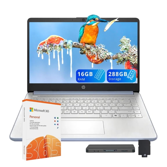HP Stream 14" HD Laptop, Intel Processor N150, 16GB RAM, 288GB Storage(128GB UFS 160GB Docking Station Set), Intel Graphics, Webcam, Wi-Fi 6, 1 Year Office 365, Copilot, Fast Charge, Win 11, Blue