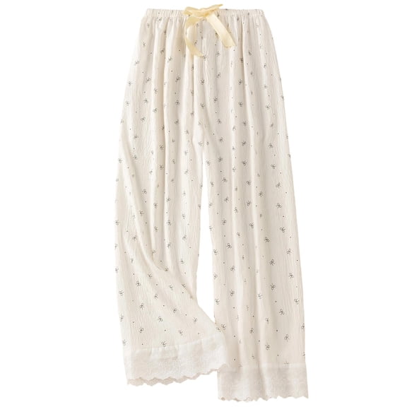 Women Pajama Lounge Pants Printed Design Loose Fit Bow Embellished Elastic Waist Lightweight Breathable Summer Cozy Sleep Bottoms Blue Free Size