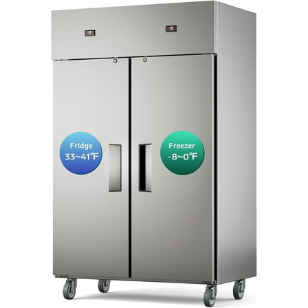 Commercial Reach-In Freezer Refrigerator Combo, 38 Cu.ft 2-Door Stainless Steel, Auto Defrost with Wheels for Restaurant, Bar, Shop