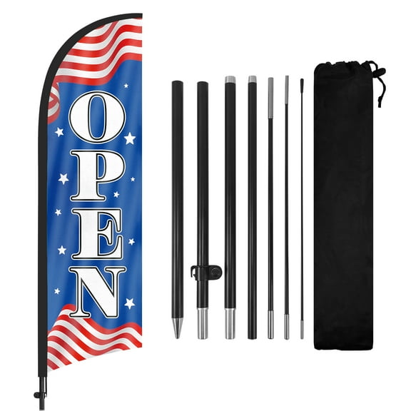 QSUM Open Themed Swooper Flag, 8.2FT Open Banner Feather Flag with Carbon Fiber Pole Kit/Ground Stake, Open Signs for Business Advertising