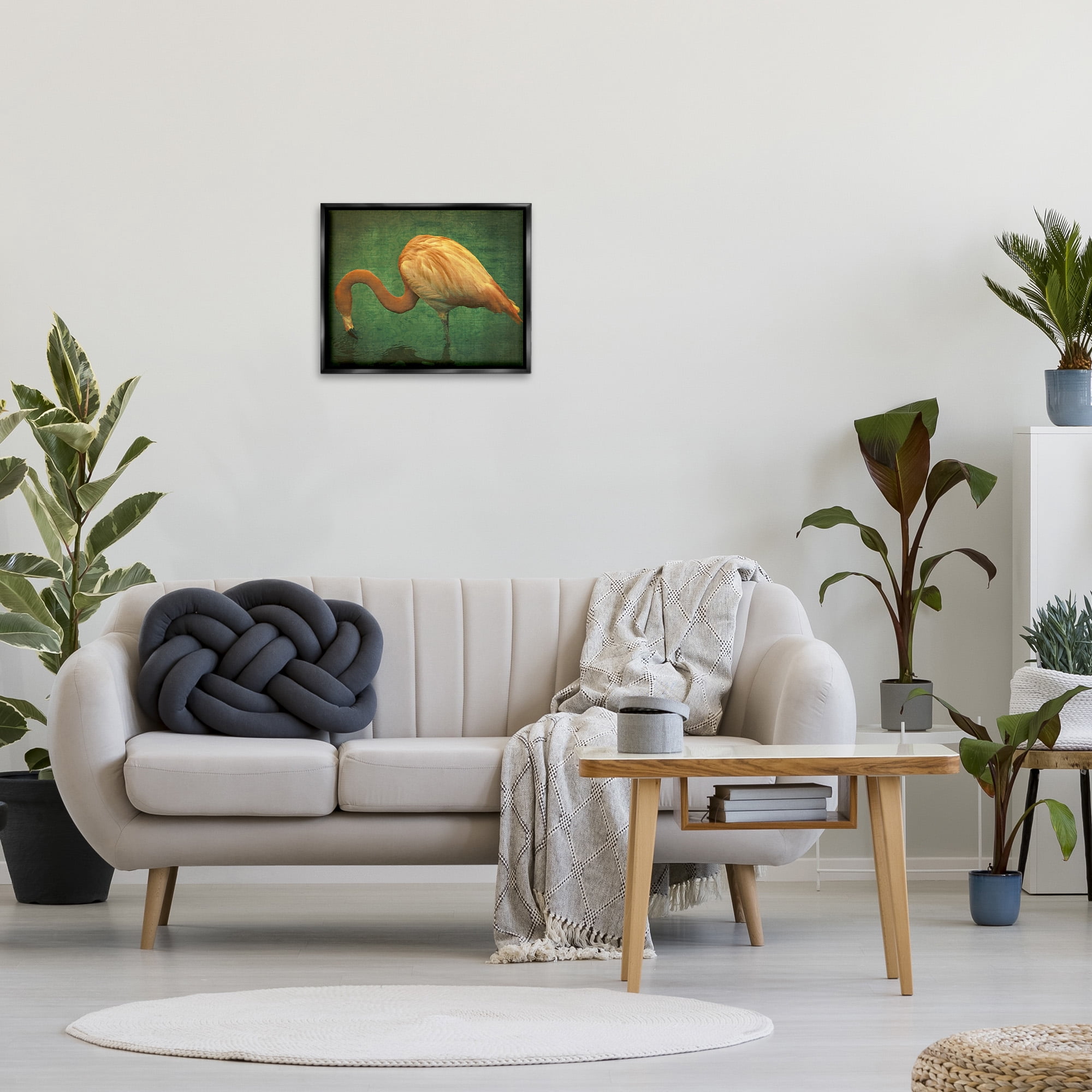 Stupell Industries Dark Flamingo in Pond Animals & Insects Painting Black Floater Framed Canvas Art Print Wall Art, 21 x 17