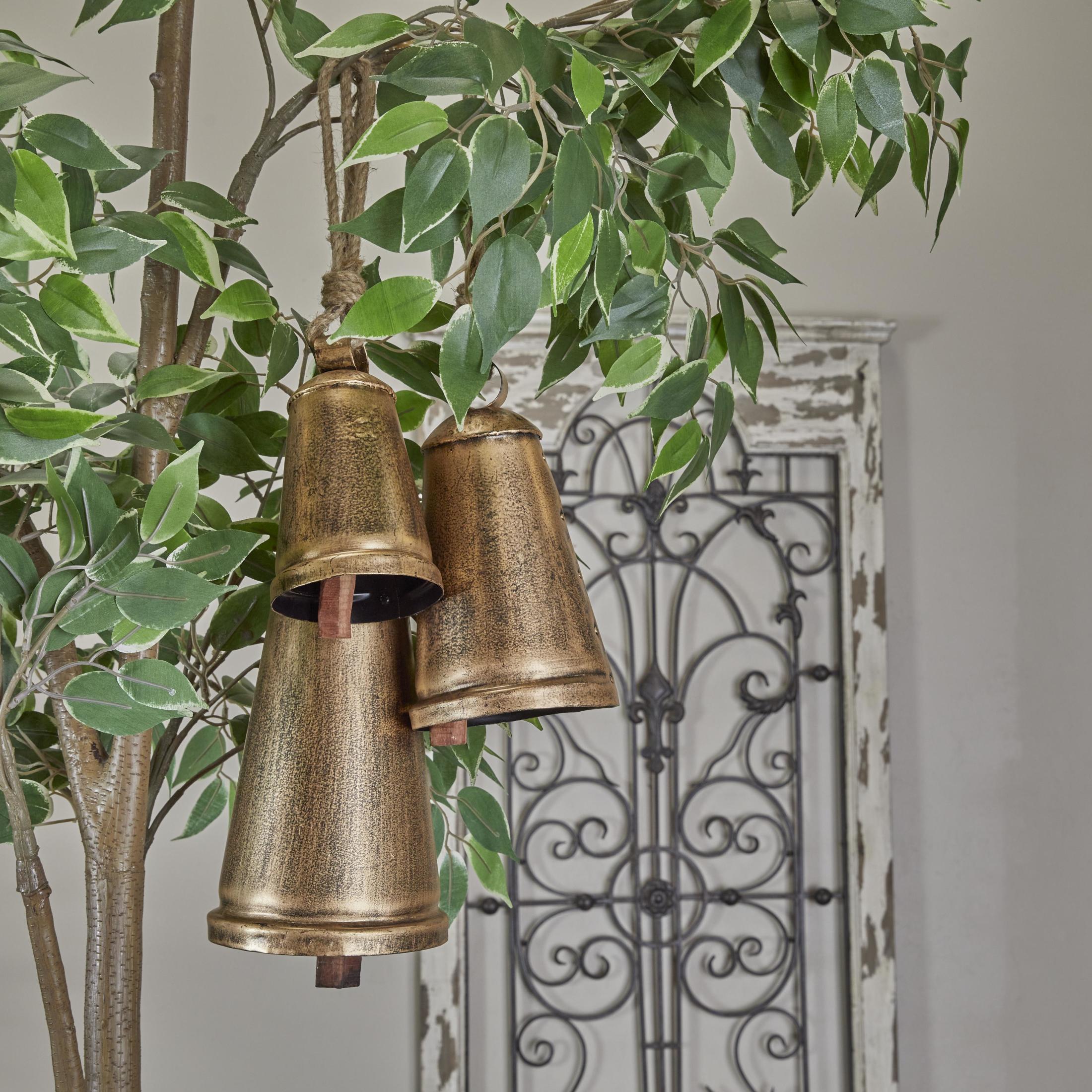 DecMode Tibetan Inspired Bronze Metal Conical Decorative Cow Bells with Jute Hanging Rope, 3 Count