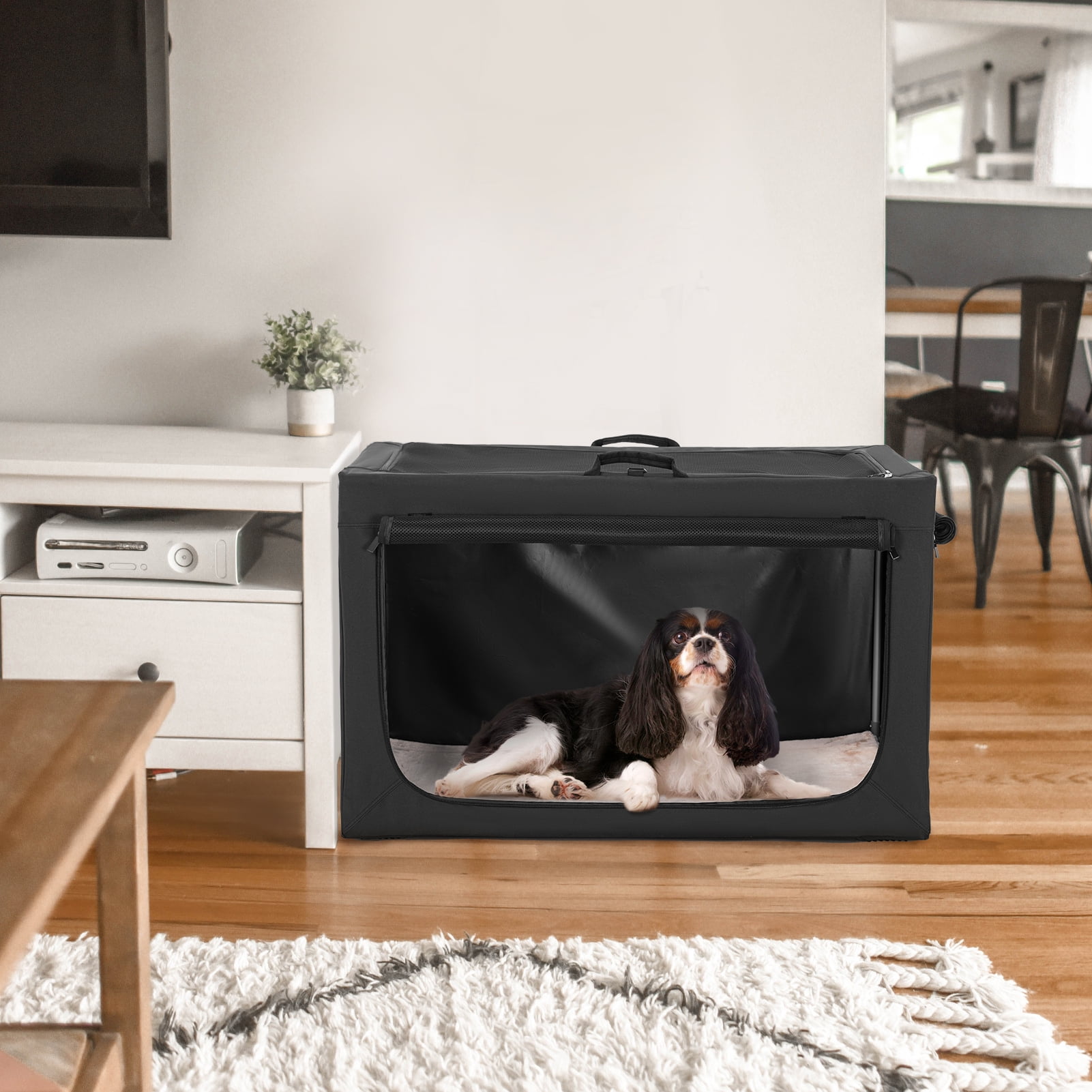 PETSFIT 30in Portable Dog Crate,Comfy Inside with Thicken Mat, Collapsible Crate for Home and Travel,Black