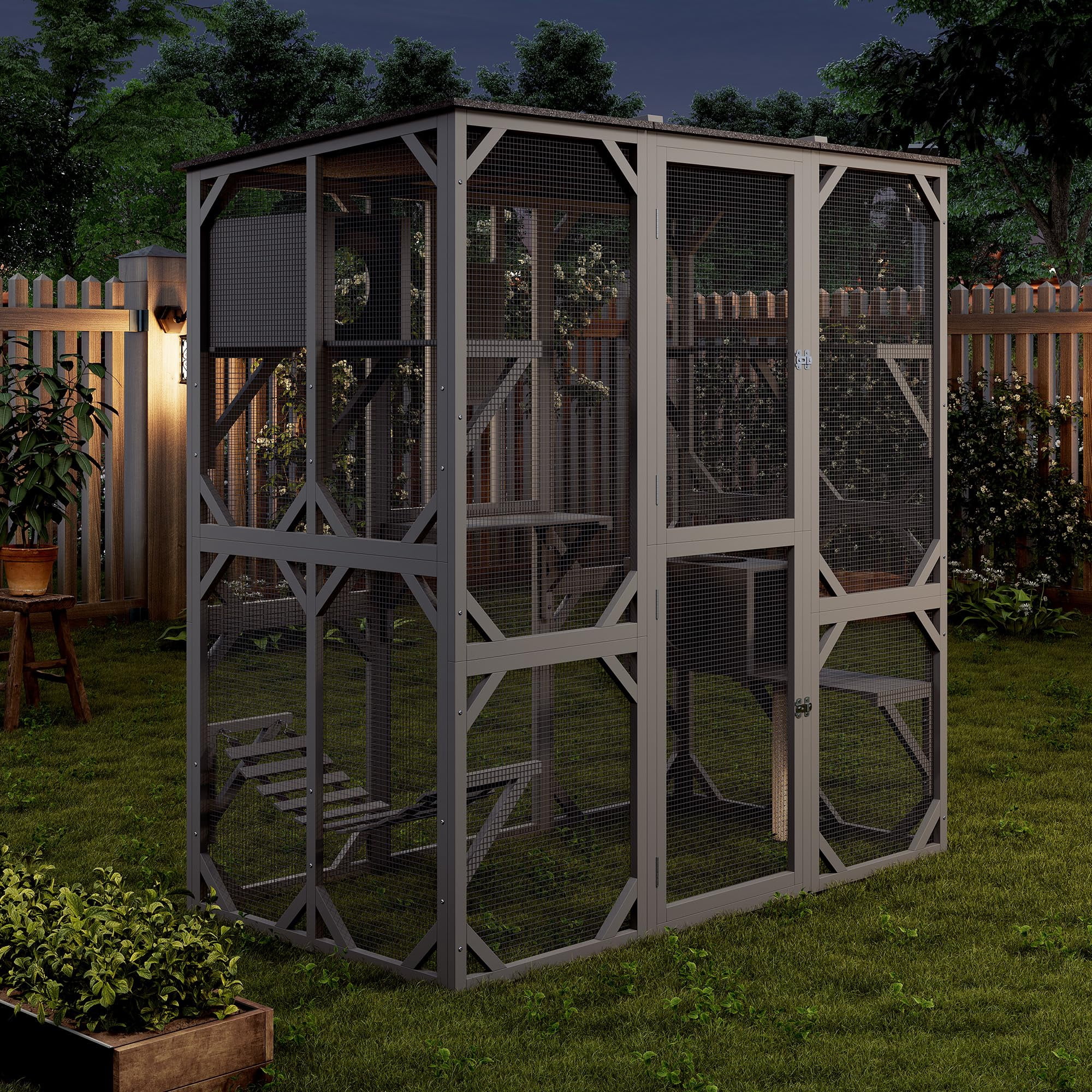 Accreate 70 Inch Large Wood Catio Outdoor Cat Enclosure with Waterproof Roof, Walk-in Cat House with Asphalt Roof, Scratch Post & Bridge for Cats, Patio Enclosure in Dark Grey