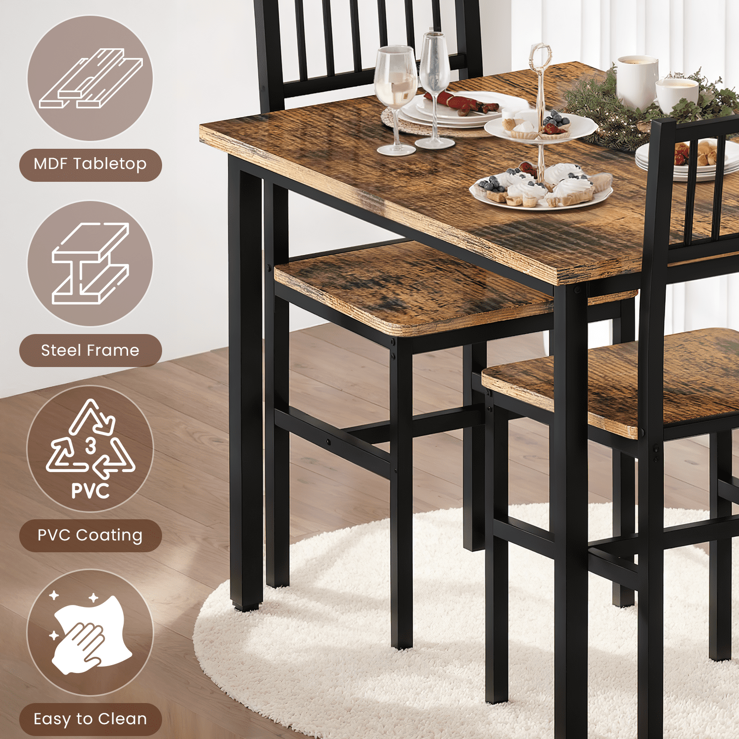 Lamerge 3 Piece Dining Table Set, Industrial Kitchen Table and 2 Chairs with Metal Frame, Dining Room Table Set, Breakfast Table Set for Small Space, Dining Room, Kitchen, Rustic Brown