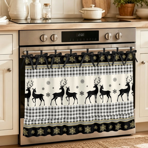 Oven Skirt Curtain for Kitchen 24x32 Inch, Black Christmas Oven Curtain with 8 Ribbon Ties & Ruffle Trim, Stove Skirt Curtain Dishwasher for Cabinets Over Sinks Xmas Snowflake Elk Plaid