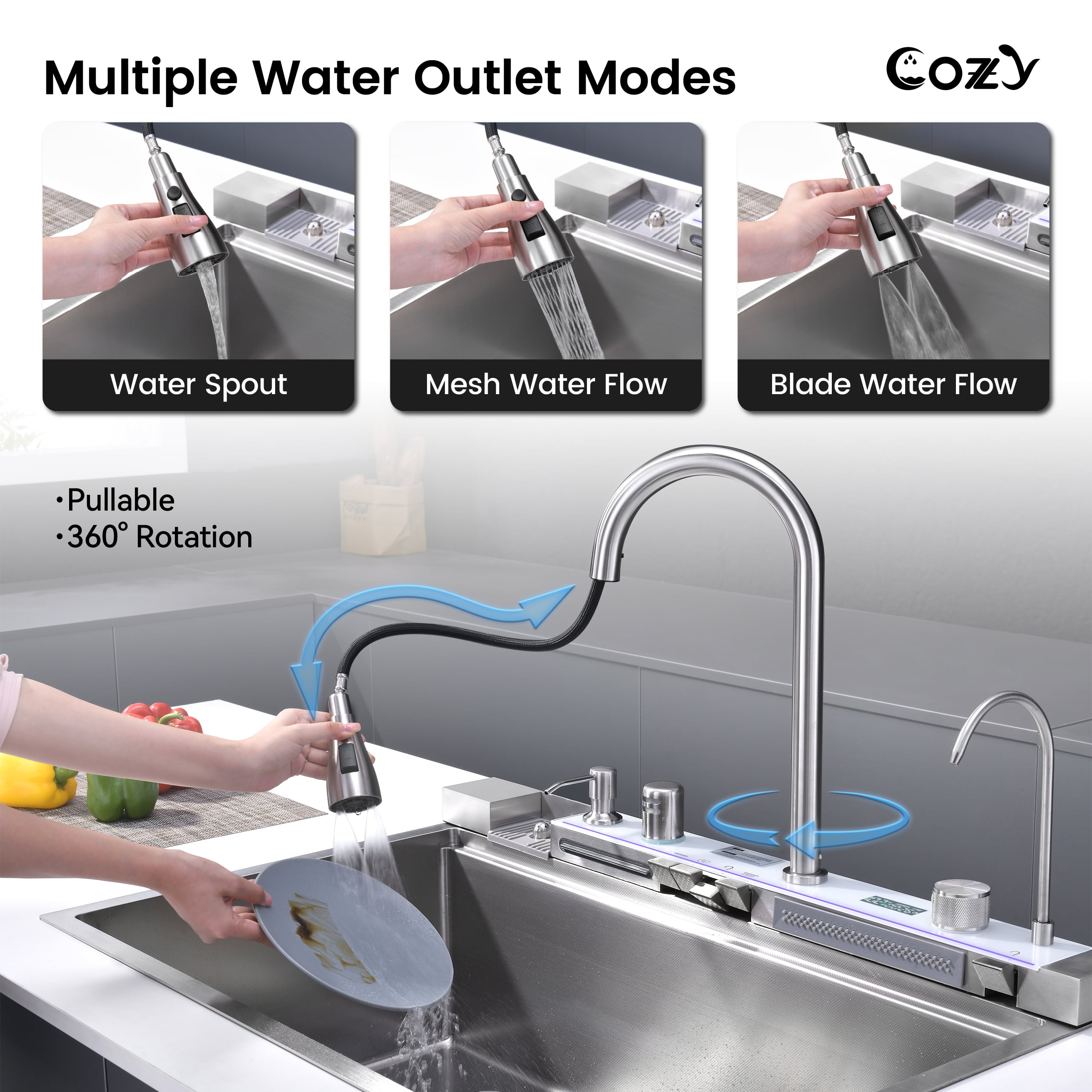 COZY Kitchen Sink Whale Digital Waterfall Sink, Flying rain Waterfall Kitchen Sink with Pull Down Sprayhead Faucet and Pressurized Cup Washer, 33"×22″ Stainless Steel Single Bowl Sink, SS-BR10-332212