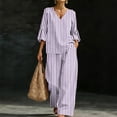 thumbnail image 2 of Women Striped Casual Two Piece Outfit, V-Neck Three Quarter Sleeve Top And Wide Leg Pants, Soft Loose Fashion Co-Ord Set For Everyday Leisure Wear Purple XXL, 2 of 7