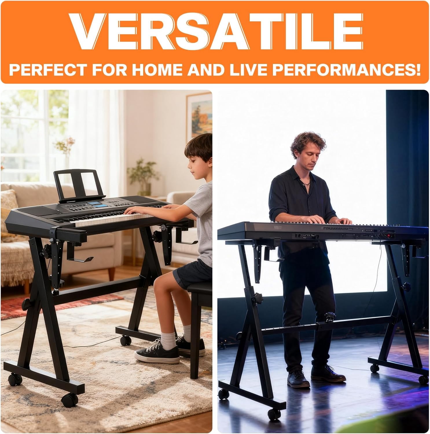Style Adjustable and Portable Heavy Duty Music Stand with Wheels-Fits 54-88 Key Electric Pianos-Sturdy Musical Keyboard Stand for Practice & Performance