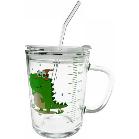 

DanceeMangoo Clear Glass Tumbler with Lid and Straw 13 Oz Drinking Cup Milk Cup for Children Cartoon Dinosaur Pattern