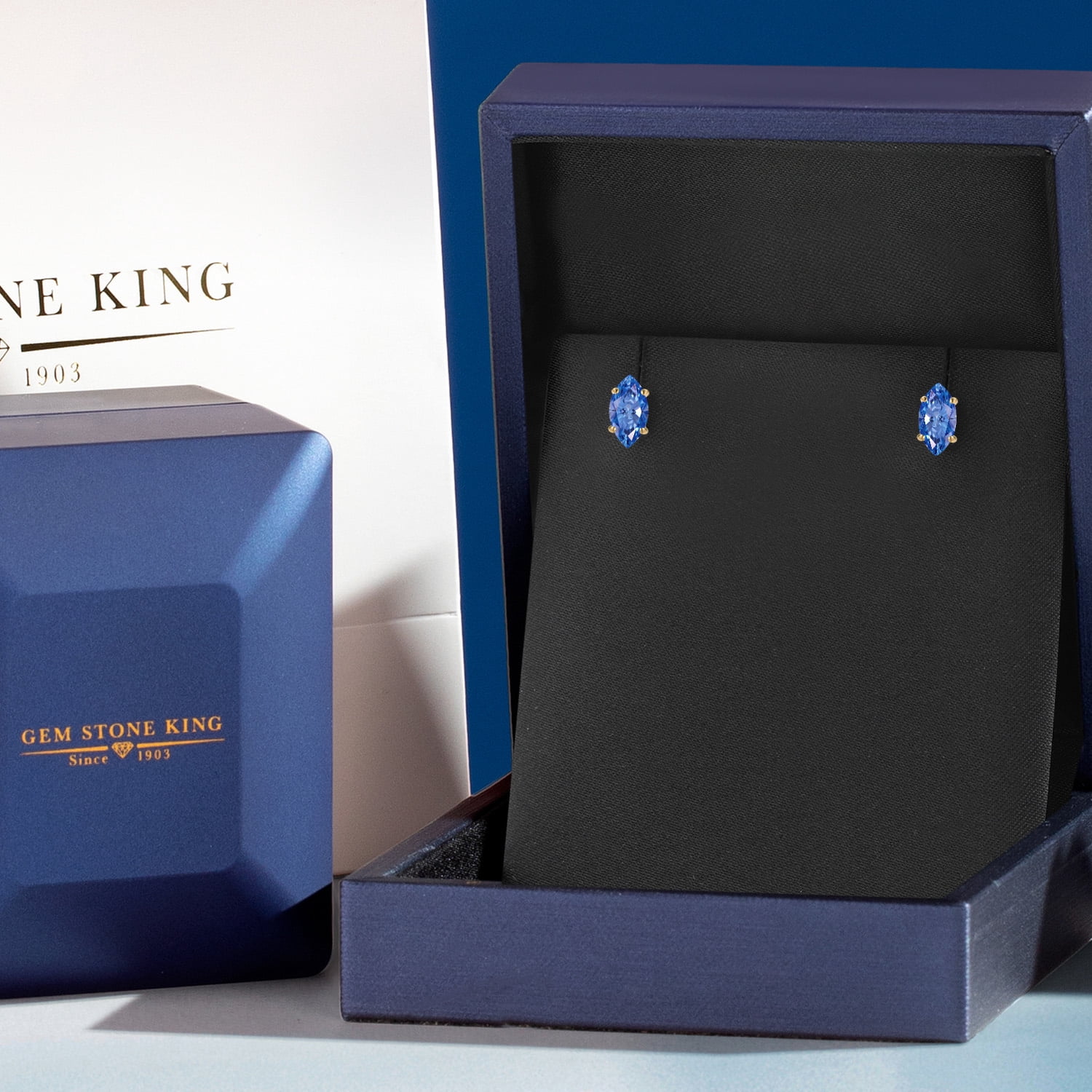 Gem Stone King 14K Yellow Gold Fancy Blue Zirconia Doble Notch Stud Earrings for Women Men | 0.94 Cttw | Gemstone Birthstone | Marquise 8X4MM