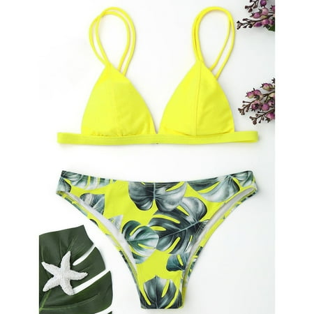 Brilliant Swimsuit Women Plus Size Clearance Women Swimwear Bikini Set Print Leaves Push-Up Padded Bathing Swimsuit Beachwear Yellow S